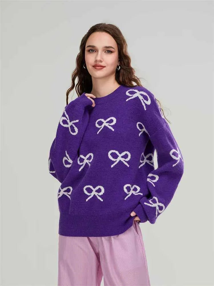 Cozy Chill Season Bow Print Long Sleeve Sweater