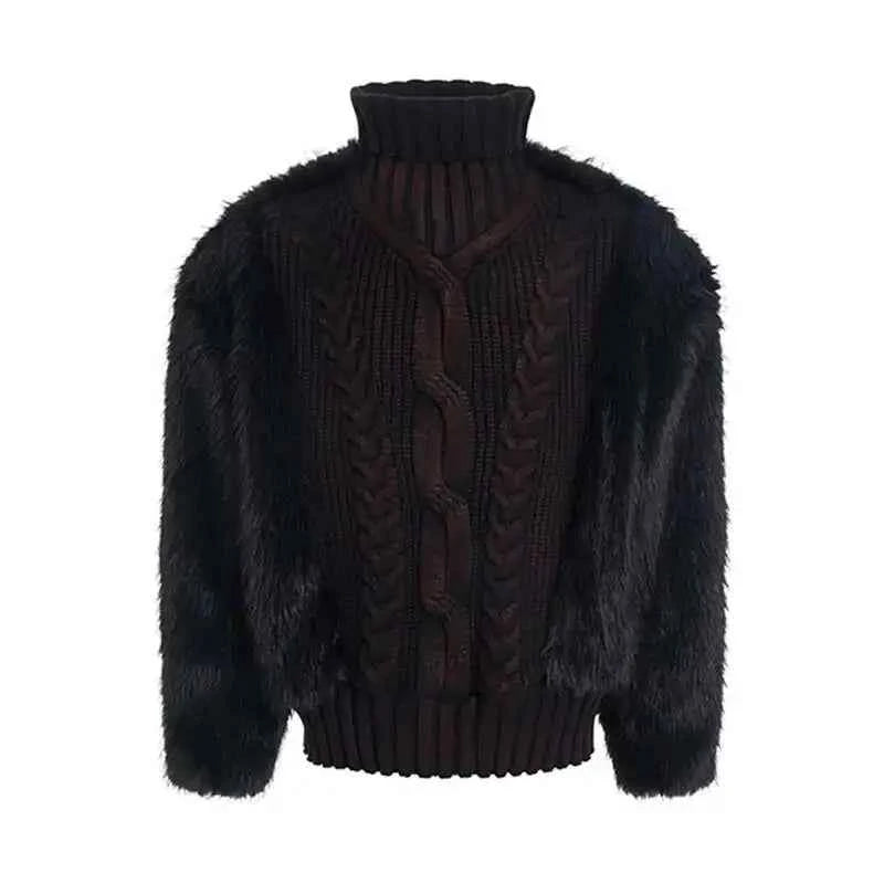 Luxurious Imitation Fur Patchwork High Neck Sweater