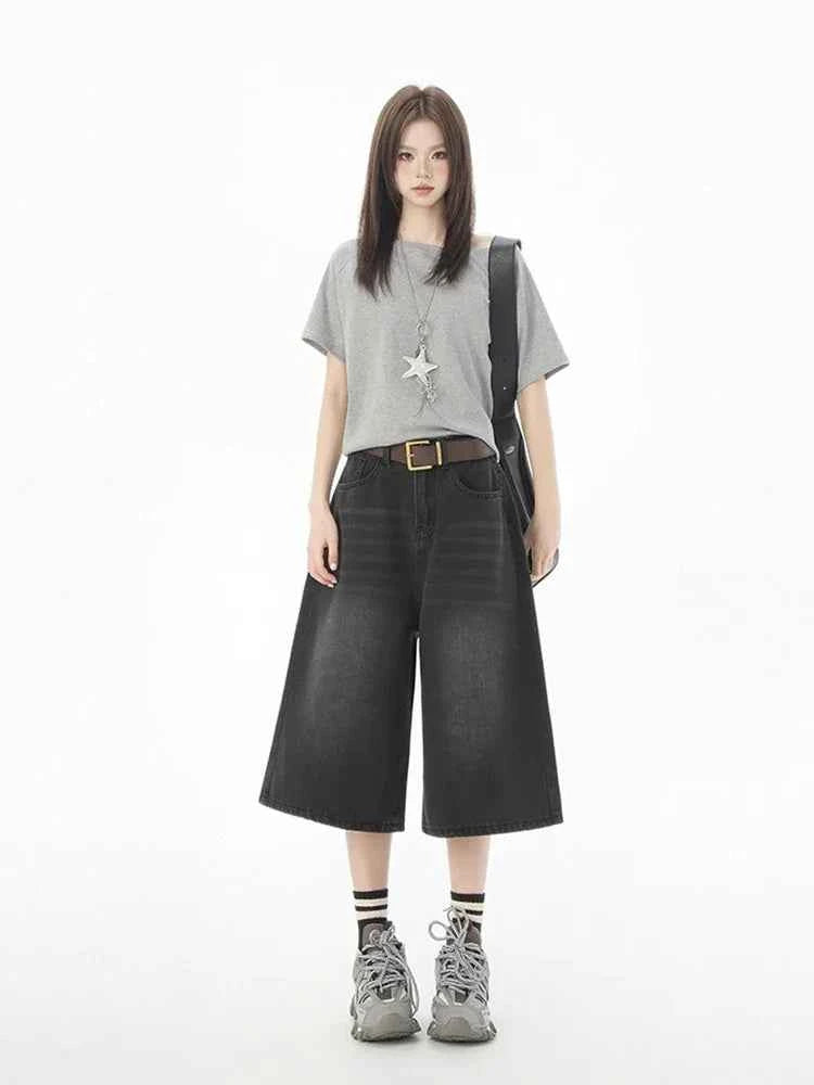 Women Casual Chic Black Wide Leg Denim Jorts