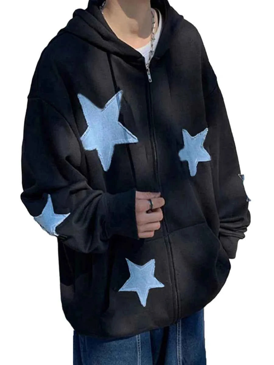 Streetwear Starry Zip Casual Long Hooded Sweatshirt