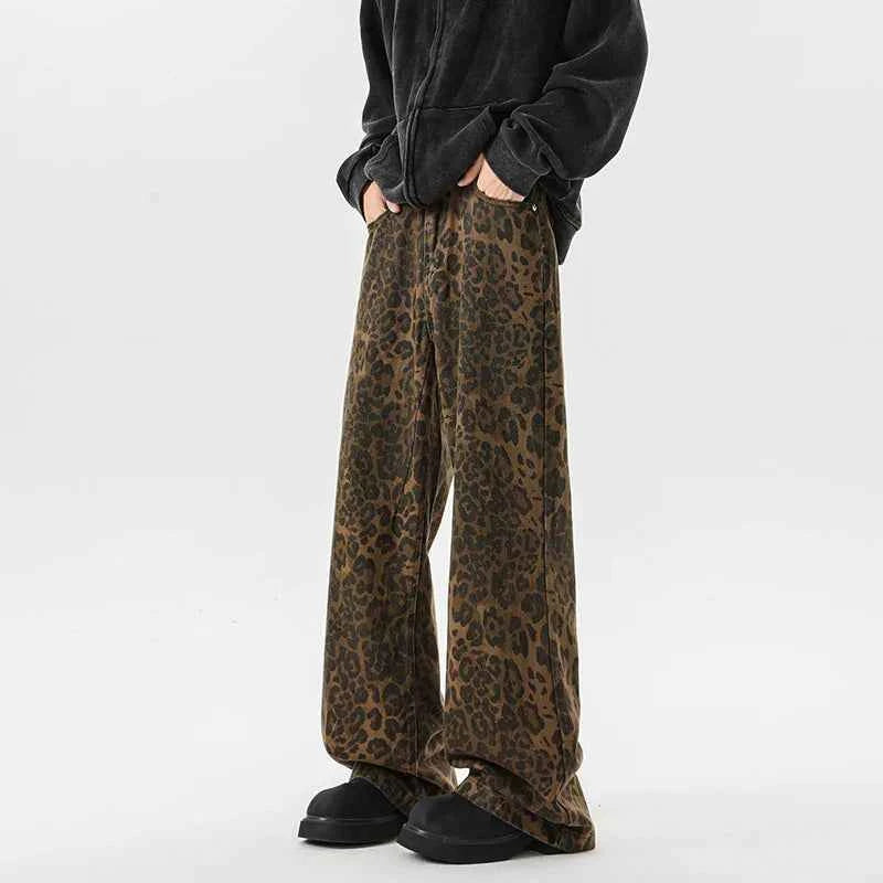 Streetwear Leopard Print Wide Leg Denim Jeans