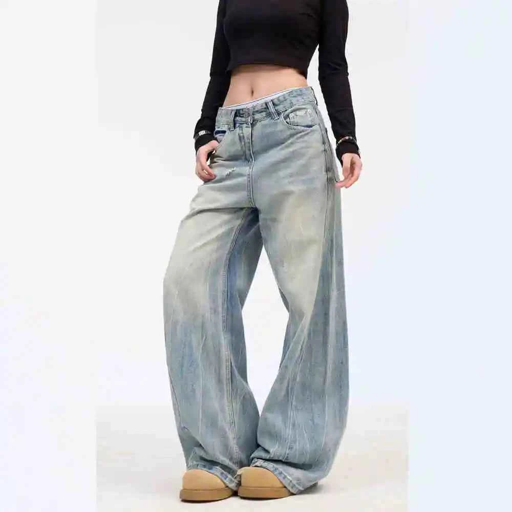 Blue Splicing Straight Leg Oversized Jeans