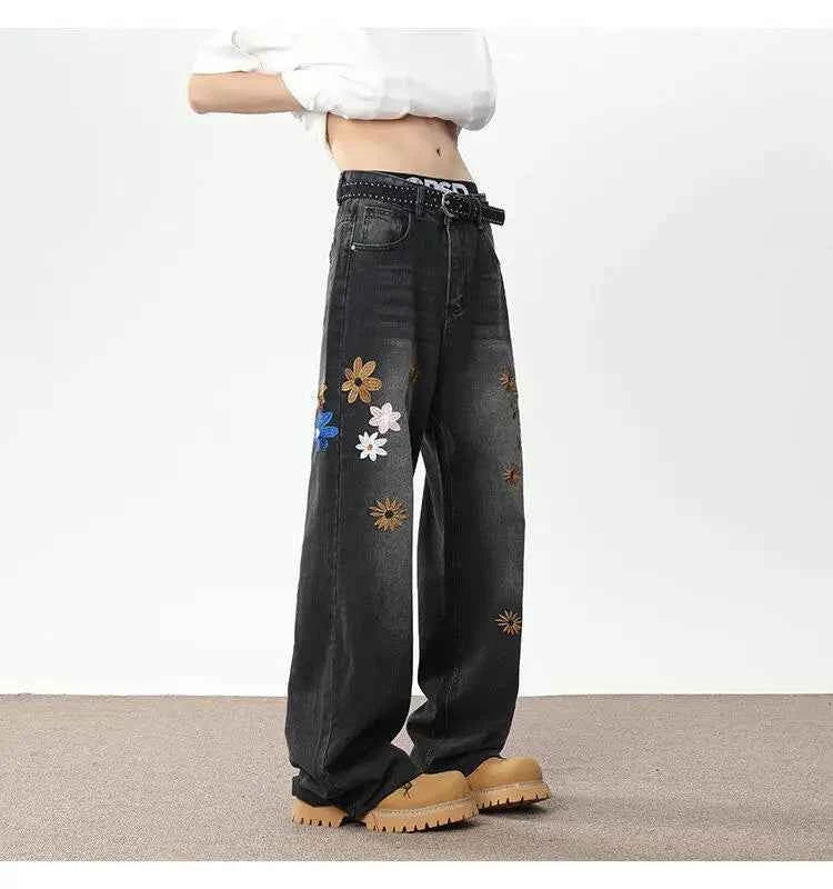 Handsome Embroidered Wide Leg Denim Jeans