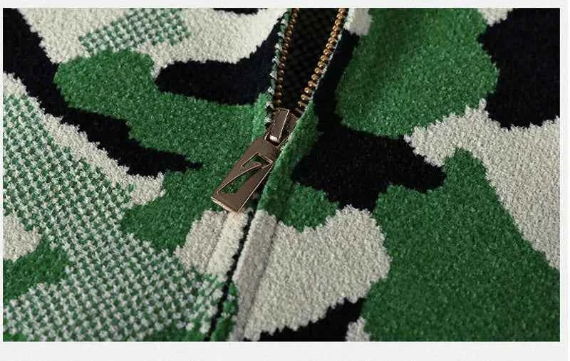 Streetwear Camouflage Zipper Knit Cardigan