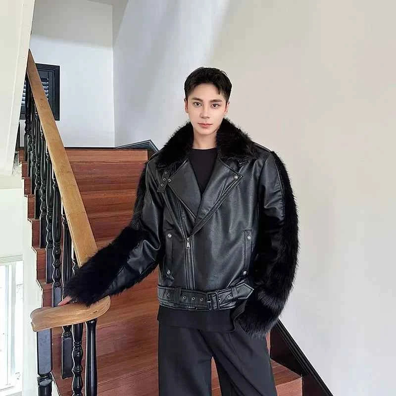 Streetwear Fur Splicing PU Leather Motorcycle Jacket