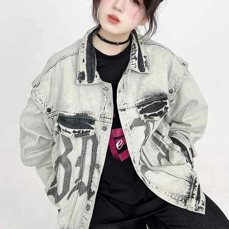 Washed Gray Oversize Letter Work Denim Jacket