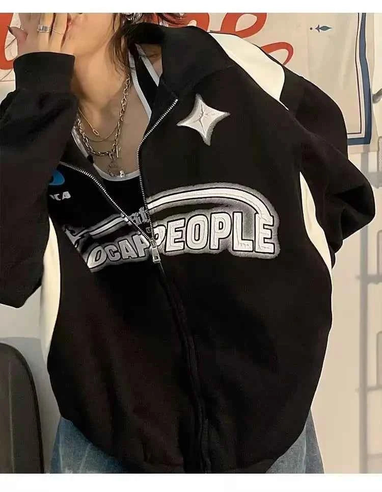 Oversized Vintage Black White Zip-Up Sweatshirt