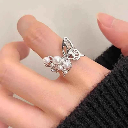 Elegant Butterfly Pearl Adjustable Ring