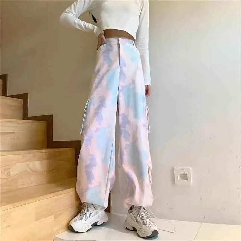 Streetwear Retro High Waist Tie Dye Cargo Pants