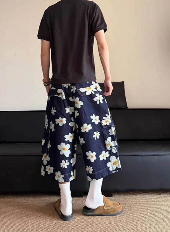 Vintage FlowerDaisy Print Loose Fit Jorts - Luxuryurbanwear