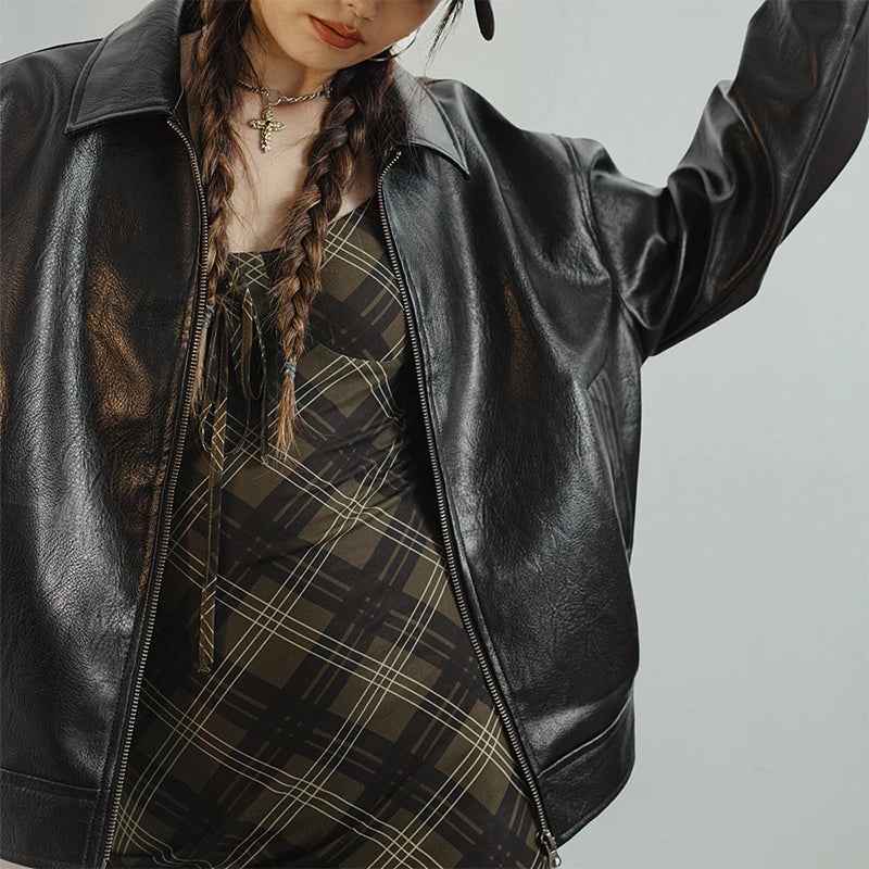 Women Retro Black Motorcycle Leather Jacket