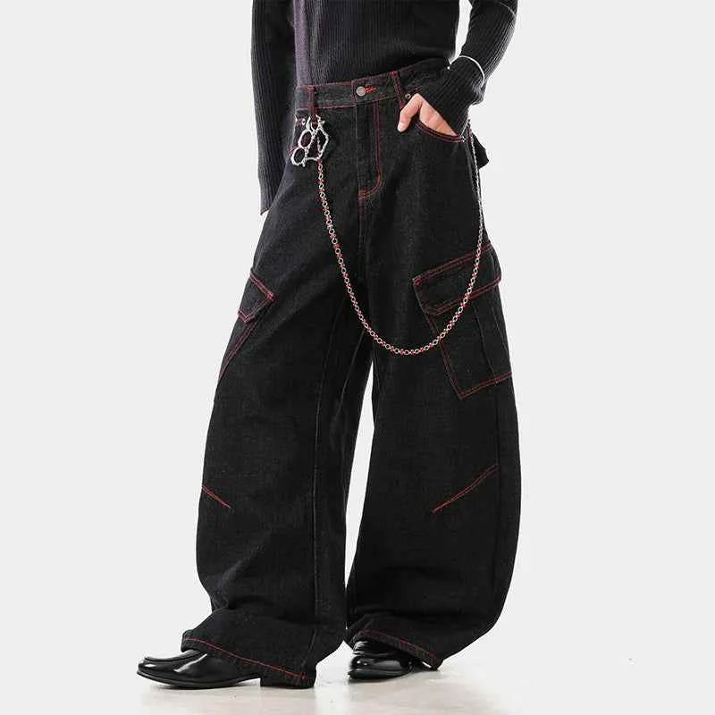 Streetwear Curved Knife Wide Leg Denim Cargo Jeans