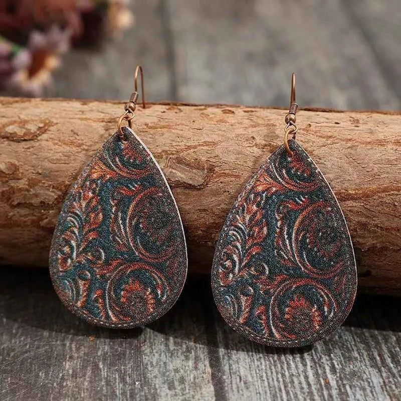 Retro Tan Leather Carved Dangle Earring