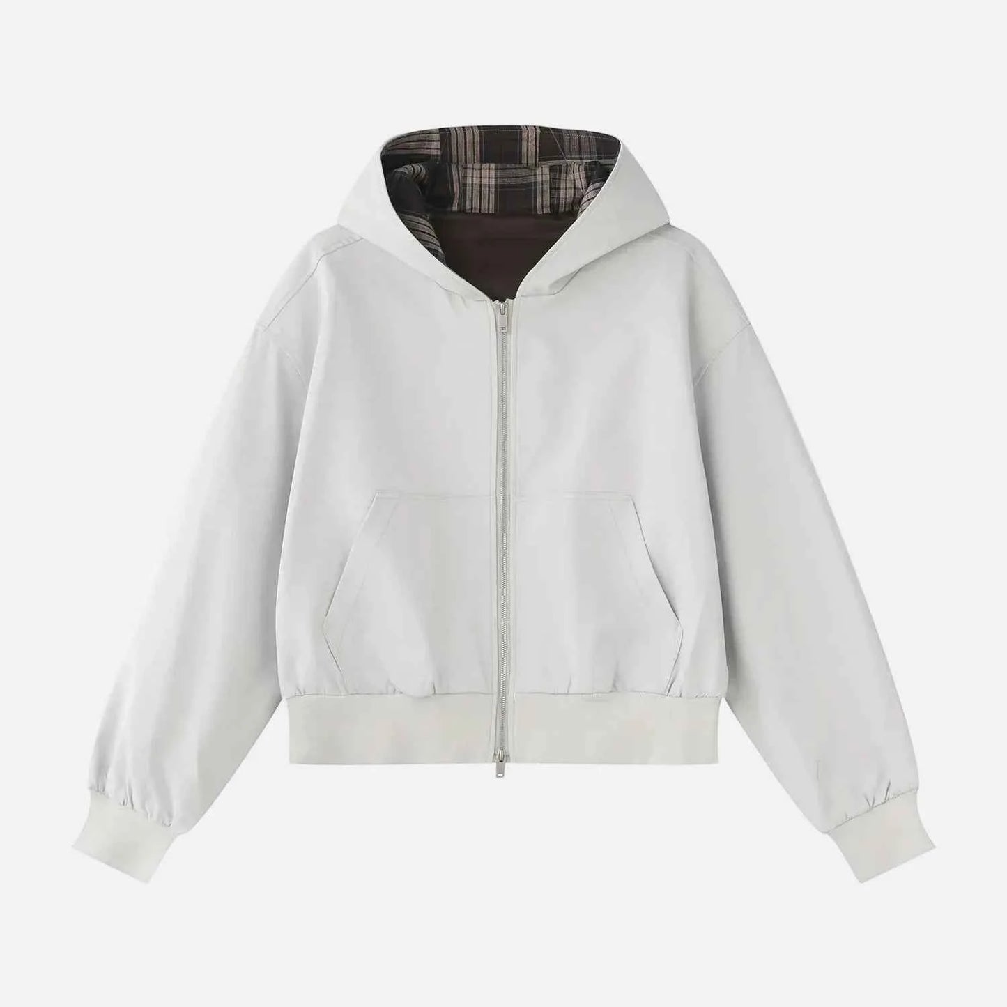 Chic Plaid Colorblock Double Zipper Hooded Sweatshirt