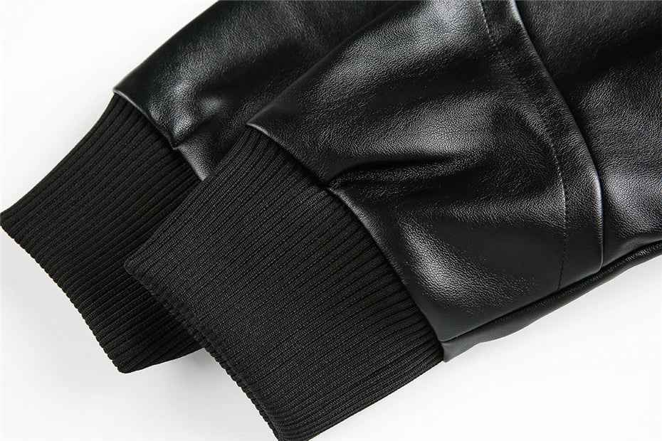 Streetwear Stylish Patchwork Black Leather Varsity Jacket