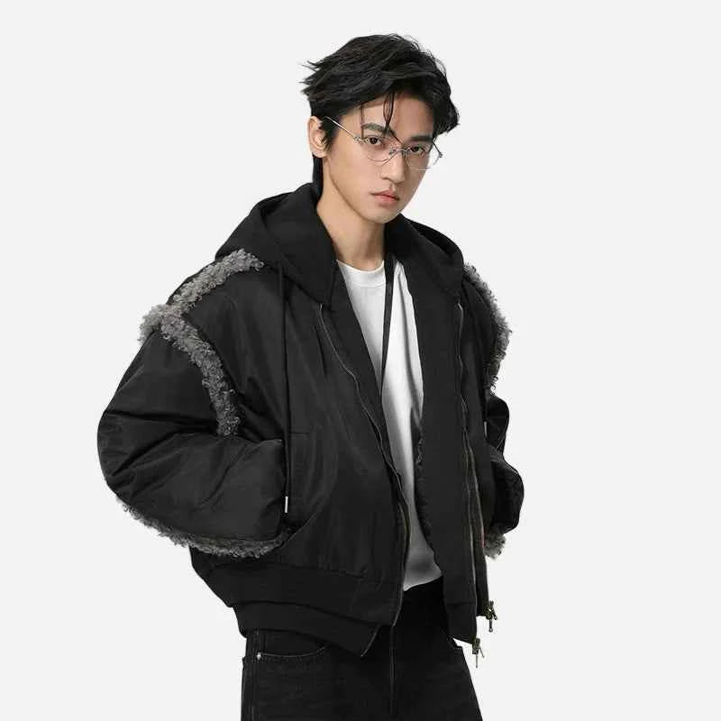 Stylish Patchwork Frayed Hooded Baseball Jacket