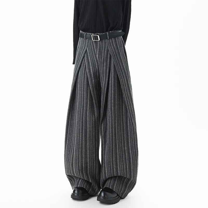 Striped Solid Color Woolen Pleated Wide Leg Pants