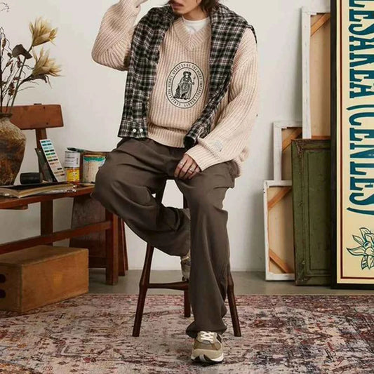 Classic Knitted Letter Badge V-Neck Sweater