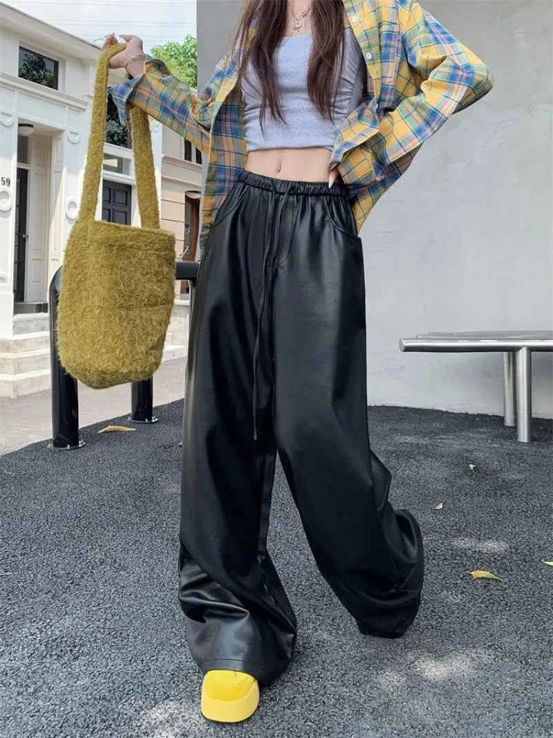 Y2K Urban Relax Preppy High Waist Leather Pants