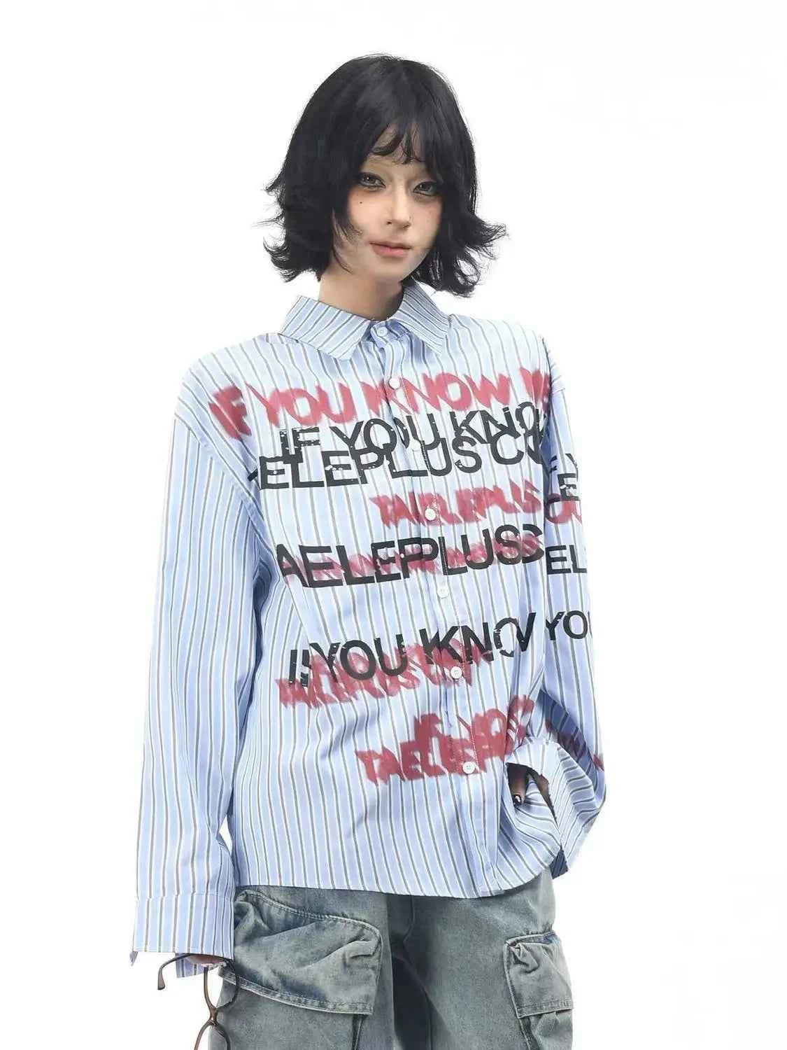 Y2K Autumn Contrasting Striped Letter Print Shirt