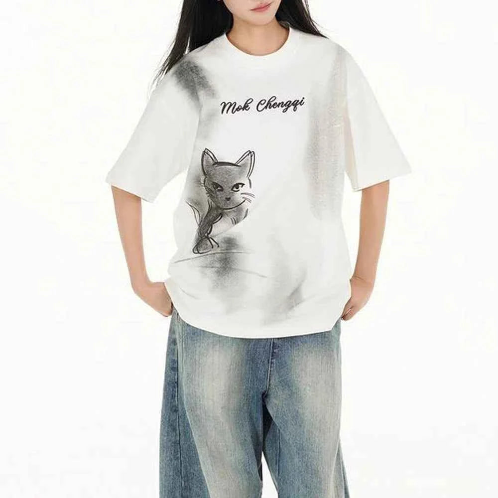 Vintage Kitten Graphic Short Sleeved T-Shirt