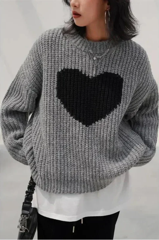 Heart Print Gray Knitted Oversize Sweater - Luxuryurbanwear