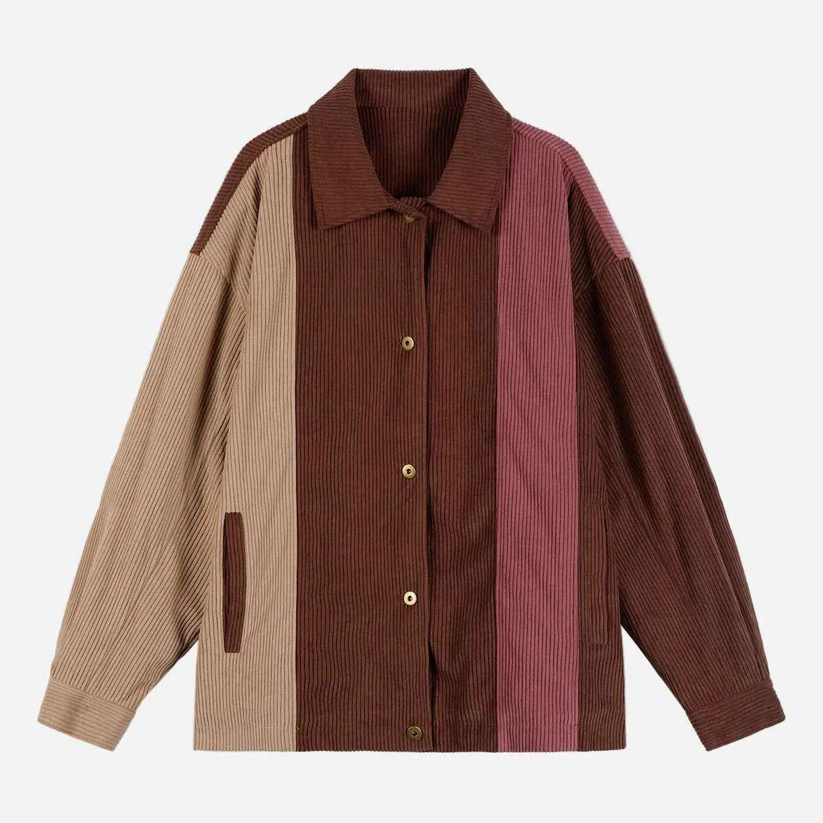 Streetwear Striped Colorblock Corduroy Baseball Jacket