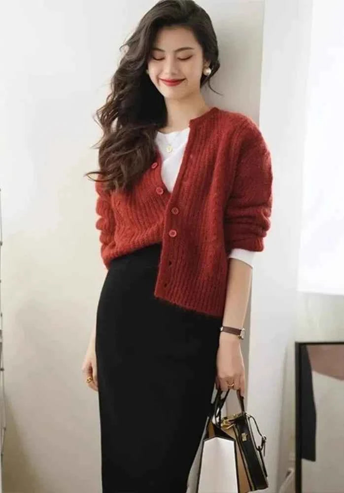 Women Cool Retro Red Knitted Cardigan