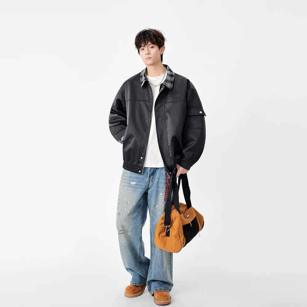 Warm Contrast Plaid Collar Button Up Leather Jacket