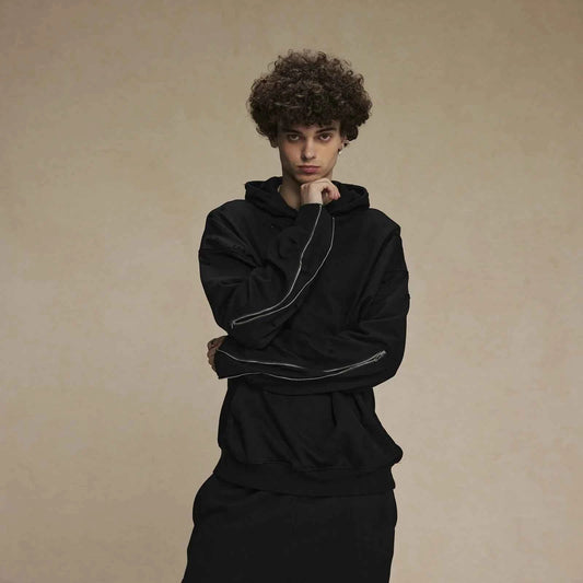 Frayed Woolen Zip-Up Hoodie Sweatshirt