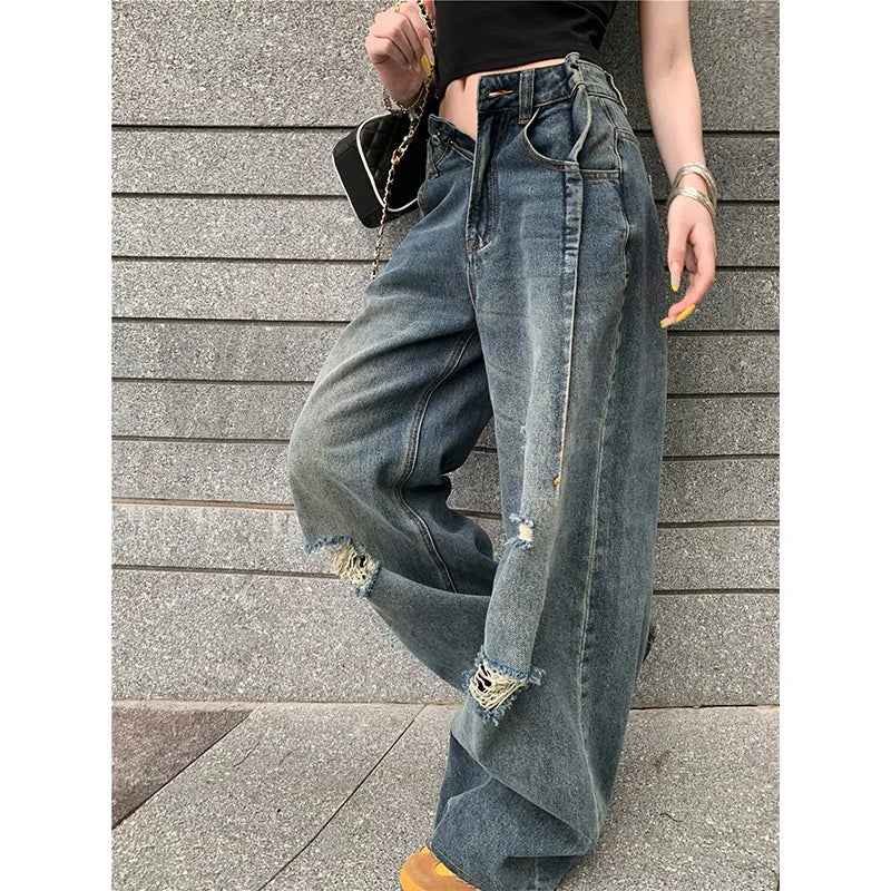 Retro Streetwear Washed High Waist Ripped Jeans