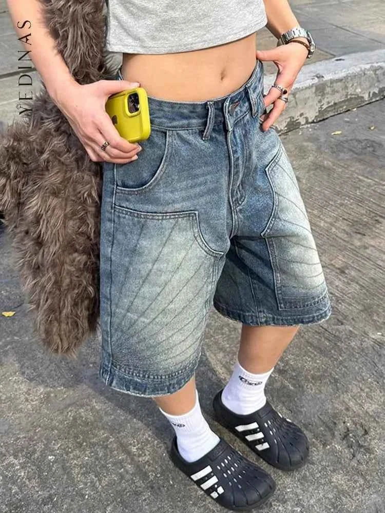 Blue Washed Knee Length Denim Short