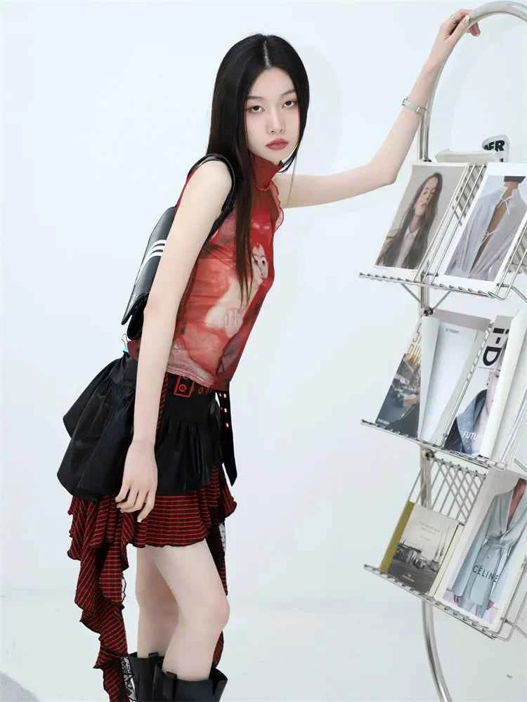 Bold Red Mesh Graphic Tank T-Shirt