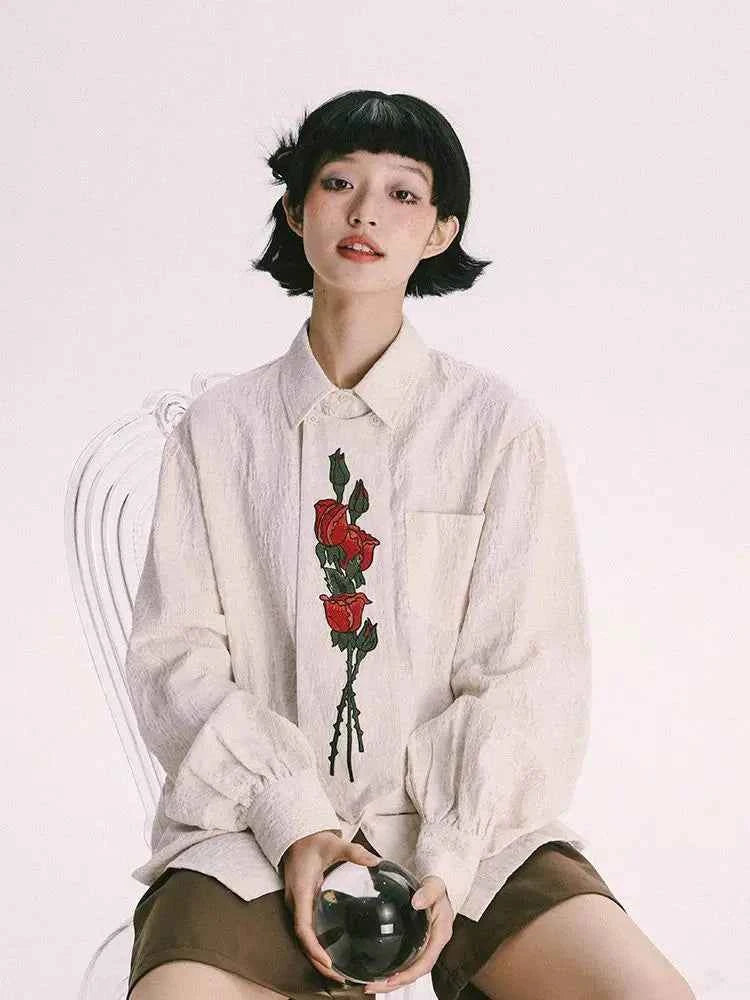 Chic Retro Floral Embroidery Long Shirt