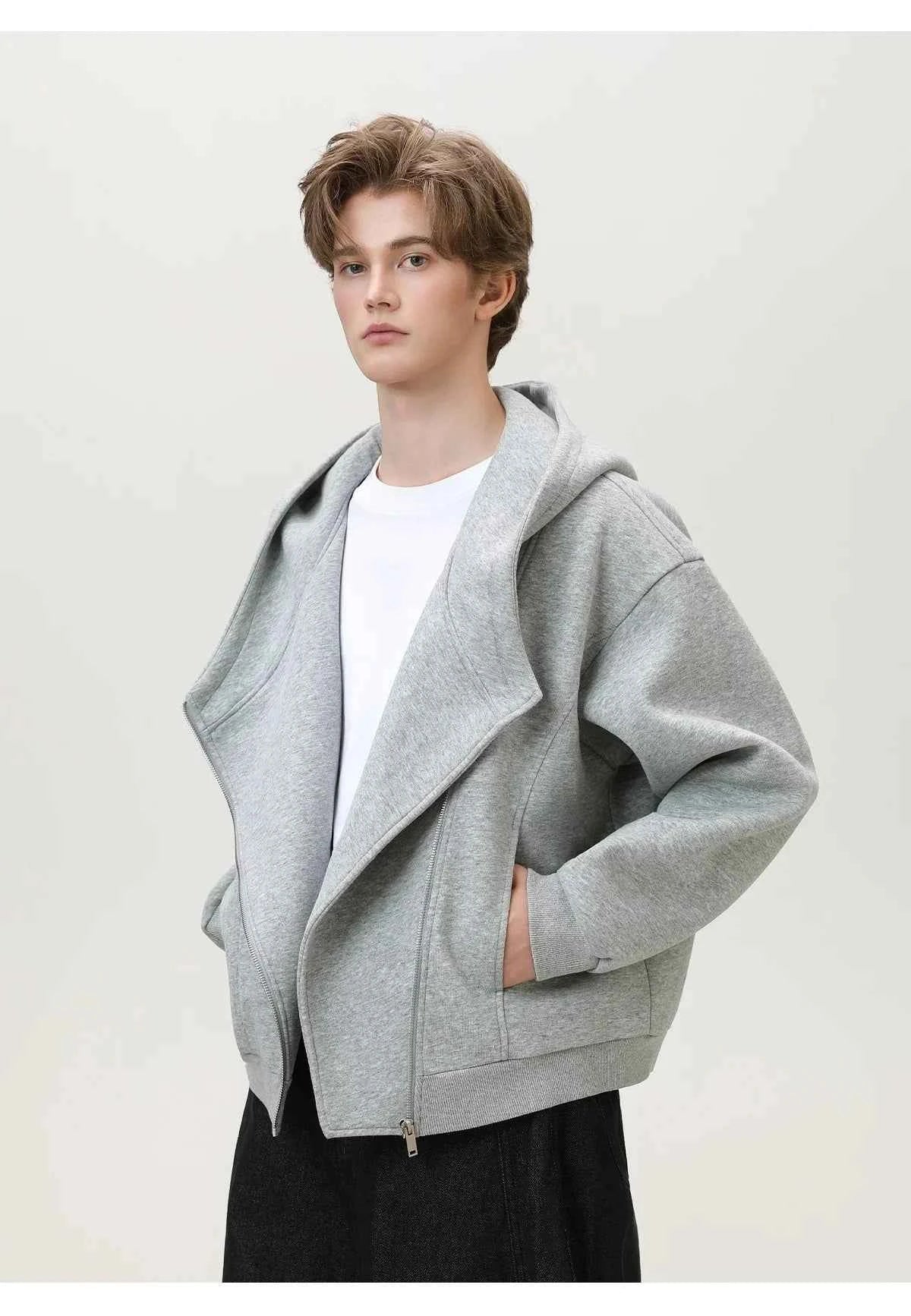 Textured Slant Zipper Hooded Sweatshirt