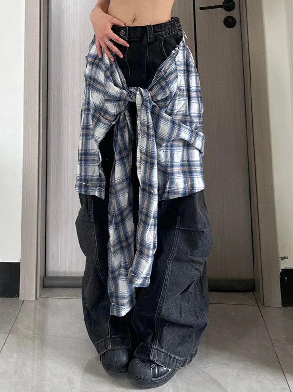 Trendy Y2K High Waist Black Hip Hop Straight Leg Jeans - Luxuryurbanwear
