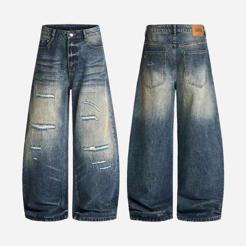 Patchwork Distressed Wide Leg Washing Denim Jeans