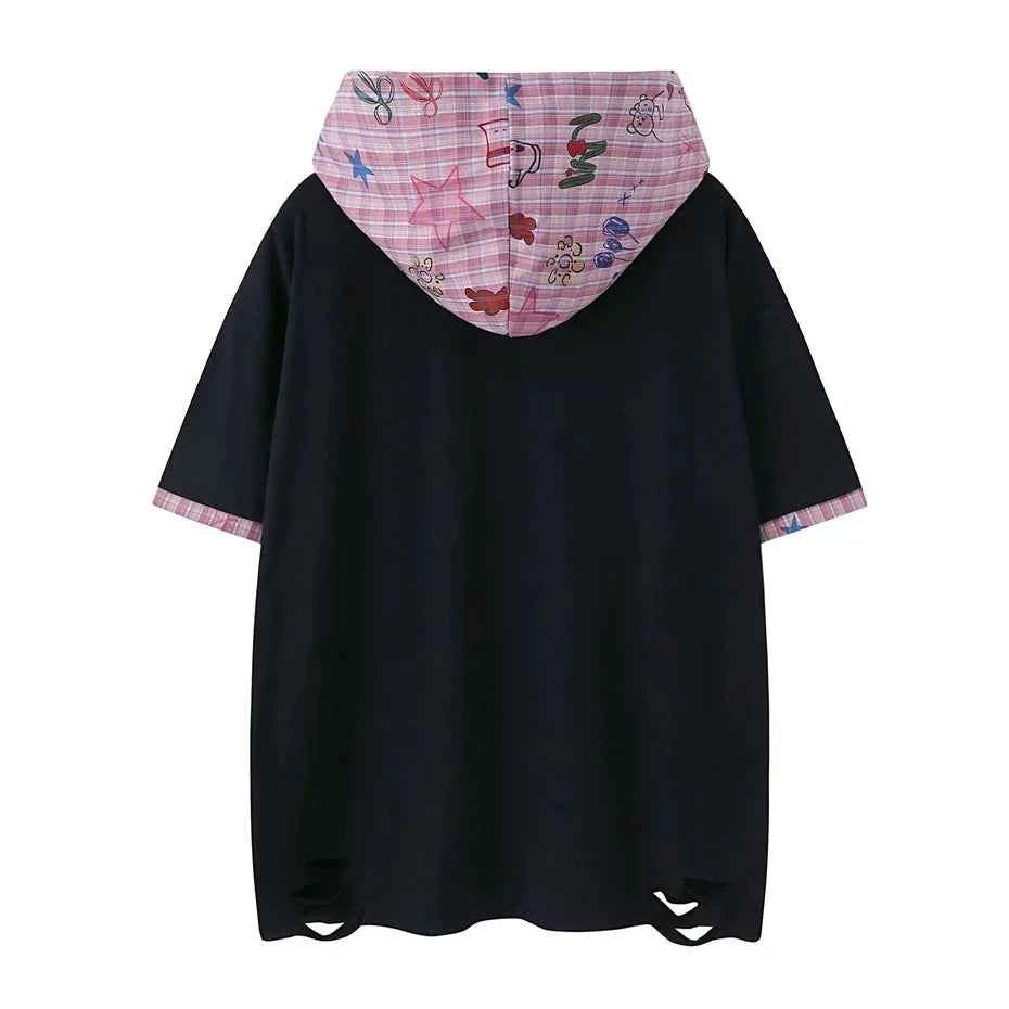 Graphic Print Hooded Short Sleeve Ripped T-Shirt