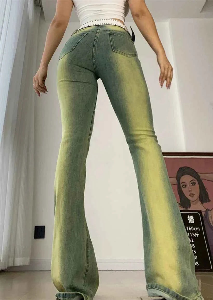 Women Vintage Green High Waist Flared Jeans