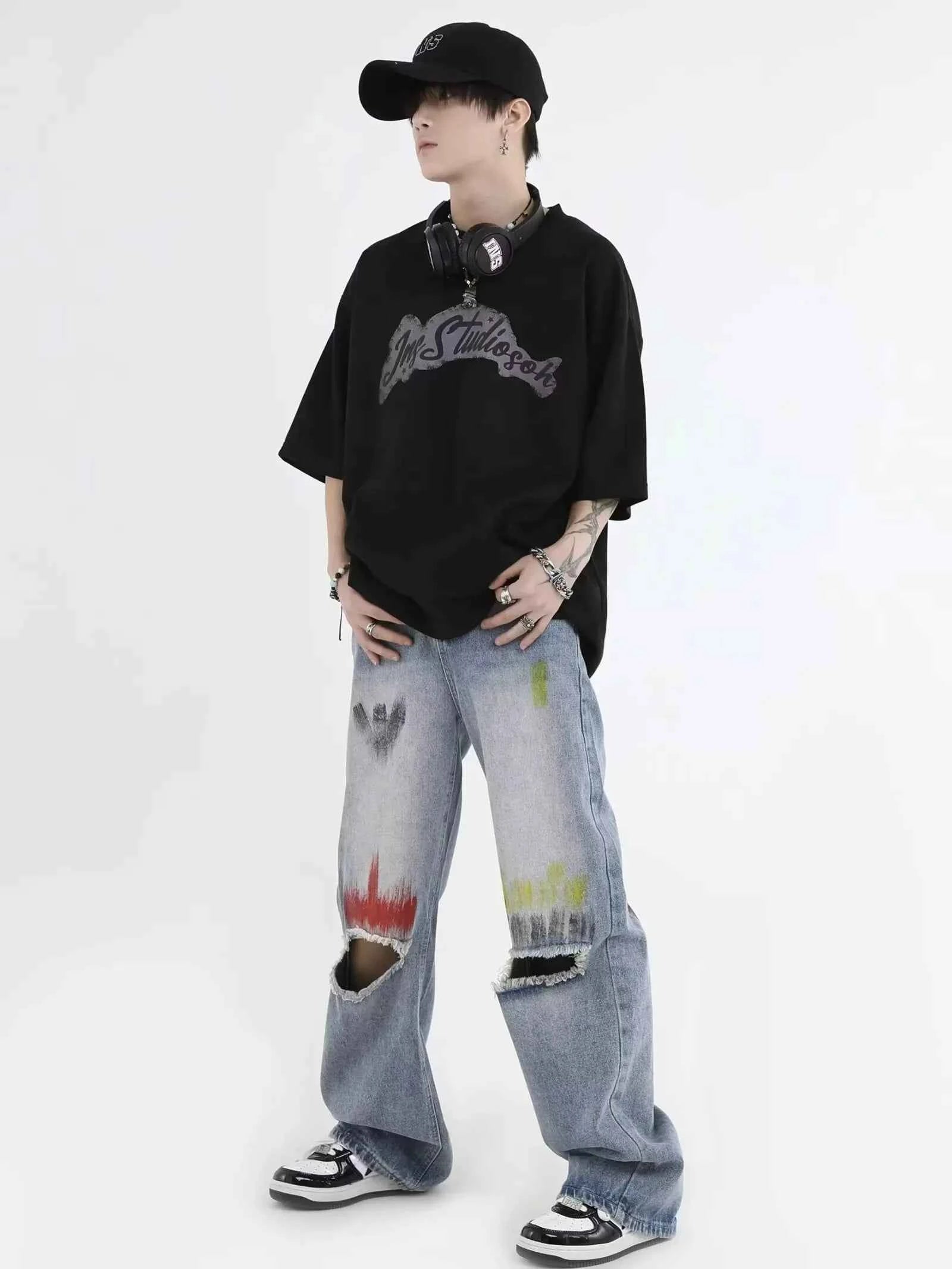 Trendy Blue Washed Ripped Straight Leg Jeans
