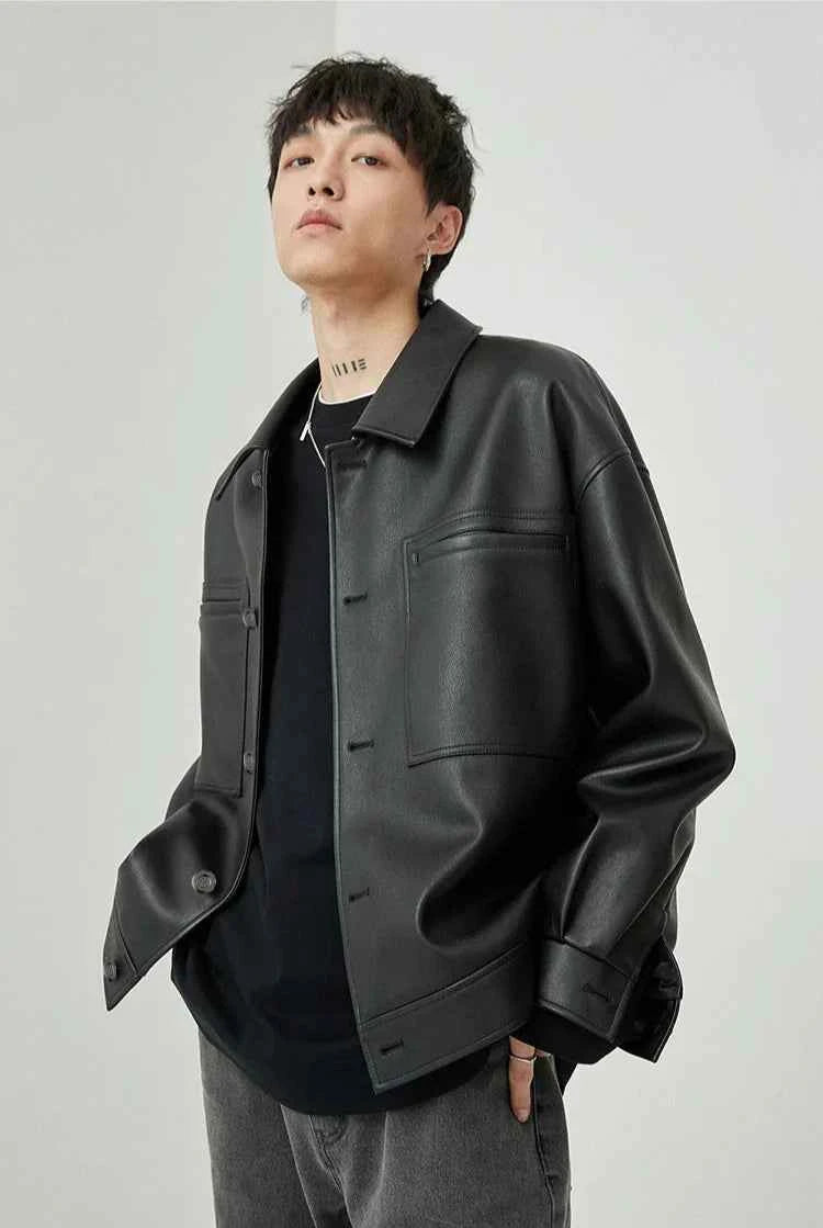 Brown And Black Oversized Faux Leather Jacket