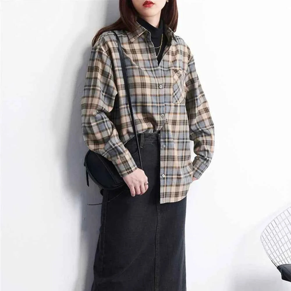 Elegant Plaid Retro Design Blouses Shirt