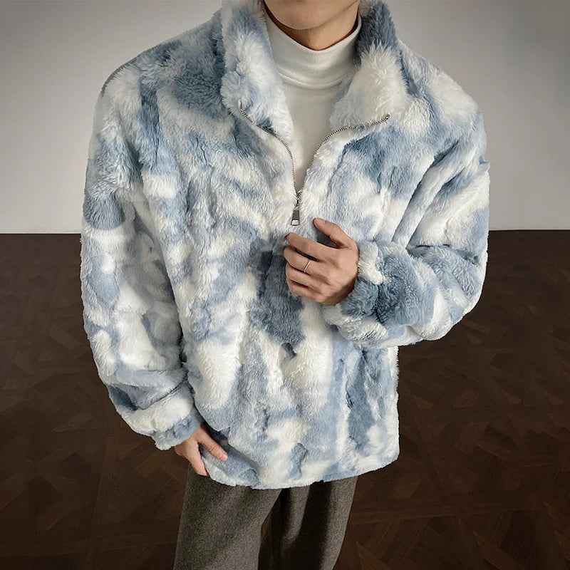 Winter Tie-Dye Stand-Collar Faux Fur Jacket