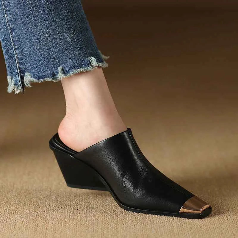 LUW "Metal-Head" Genuine Leather Mules - Luxury Med-Heel Summer Wedges