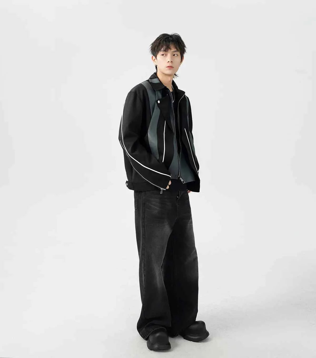 Streetwear Patchwork Contrast Color Zipper Jacket