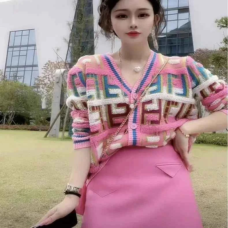 Pink French Retro Plaid V-Neck Cardigan