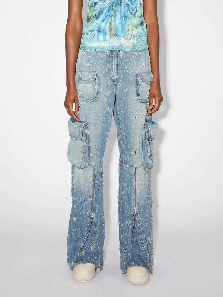 Midnight High Waist Patchwork Denim Cargo Jeans