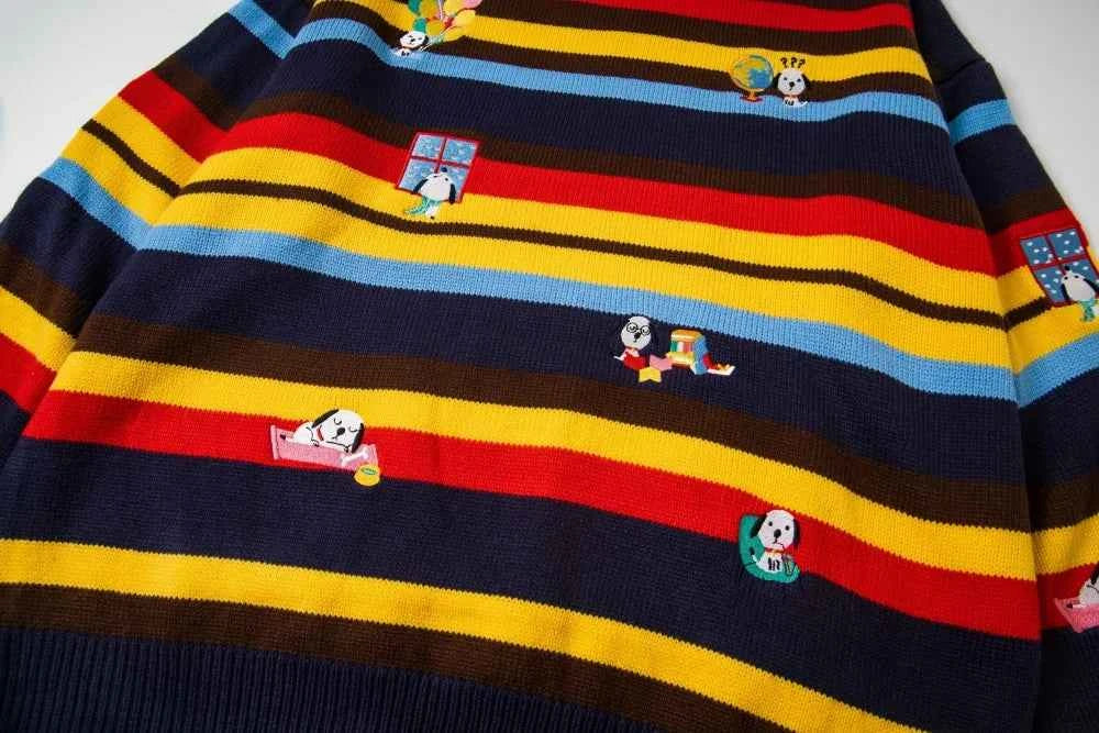 Embroidered Crew Neck Collar Contrast Paneled Striped Sweater