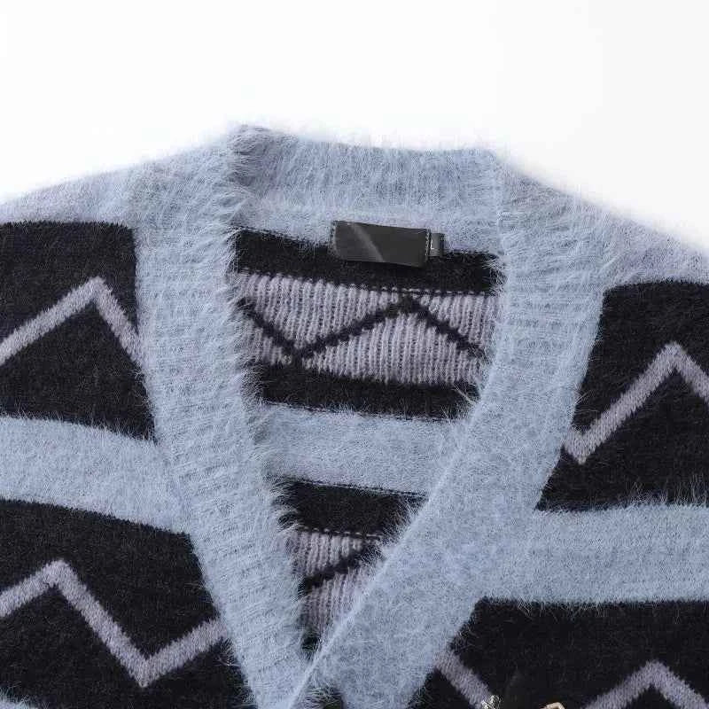 Women Retro V-Neck Collar Mohair Striped Cardigan