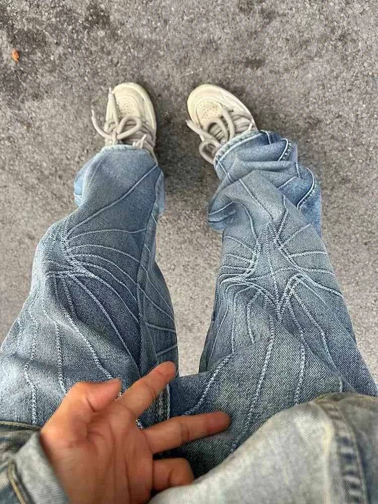 Blue Washed Gothic Punk Embroidered Jeans